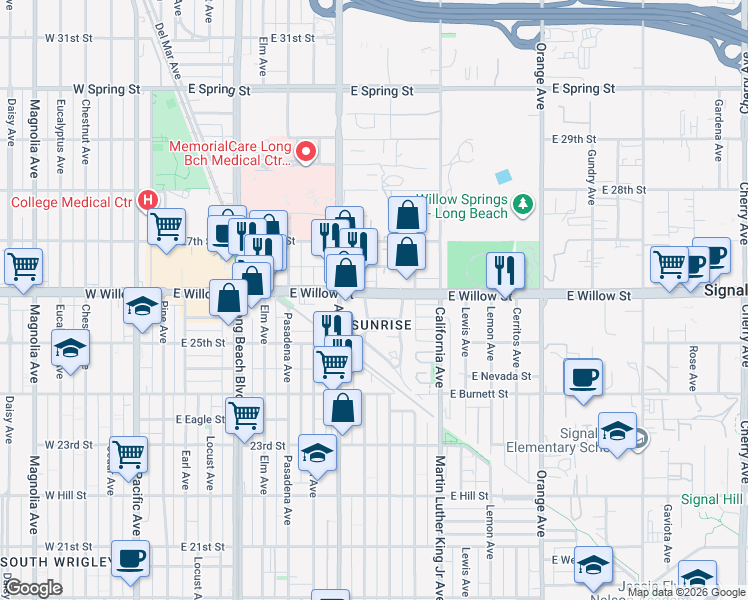 map of restaurants, bars, coffee shops, grocery stores, and more near 2588 Lime Avenue in Long Beach
