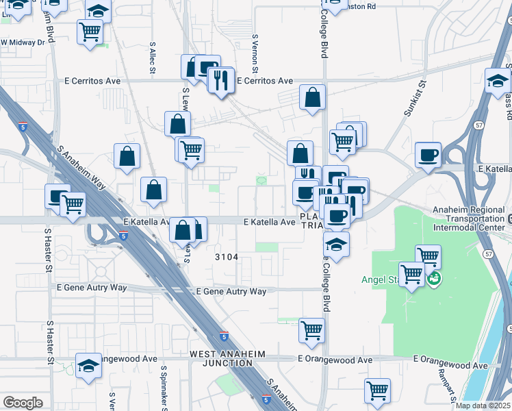 map of restaurants, bars, coffee shops, grocery stores, and more near Auburn Way in Anaheim