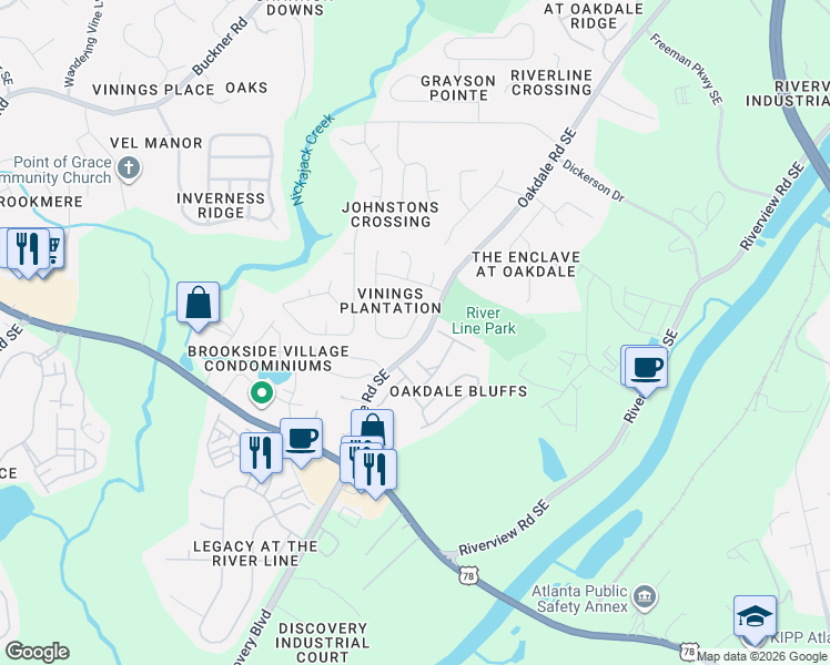map of restaurants, bars, coffee shops, grocery stores, and more near 6086 Farmwood Way Southeast in Mableton