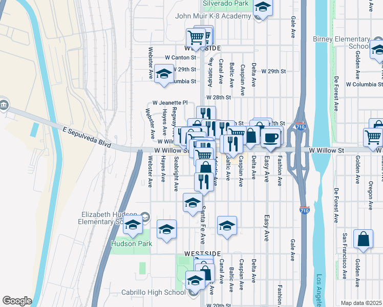 map of restaurants, bars, coffee shops, grocery stores, and more near 2572 Cota Avenue in Long Beach