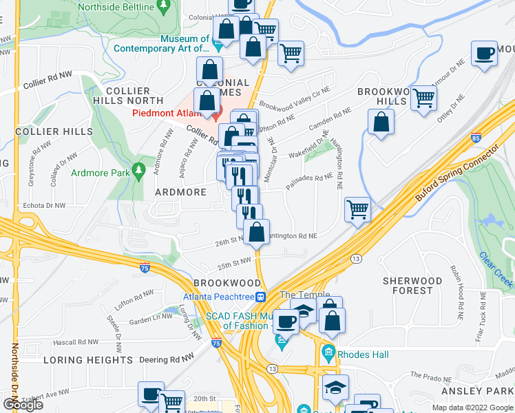 map of restaurants, bars, coffee shops, grocery stores, and more near 1801 Peachtree Street Northeast in Atlanta