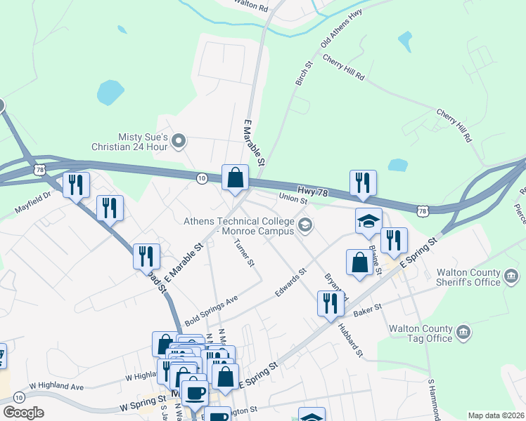 map of restaurants, bars, coffee shops, grocery stores, and more near 315 Bryant Road in Monroe