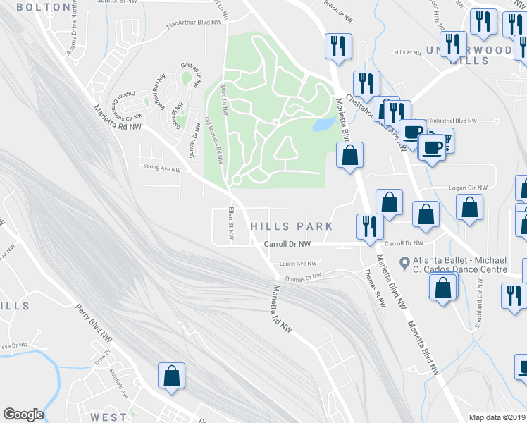 map of restaurants, bars, coffee shops, grocery stores, and more near 1810 Annie Street Northwest in Atlanta