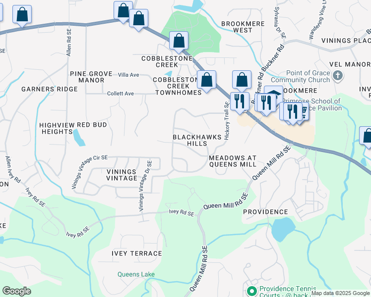 map of restaurants, bars, coffee shops, grocery stores, and more near 624 Hickory Trail Southeast in Mableton