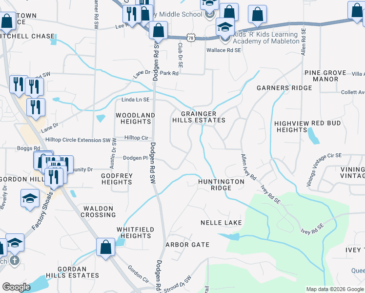 map of restaurants, bars, coffee shops, grocery stores, and more near 6081 Wedgewood Drive Southwest in Mableton