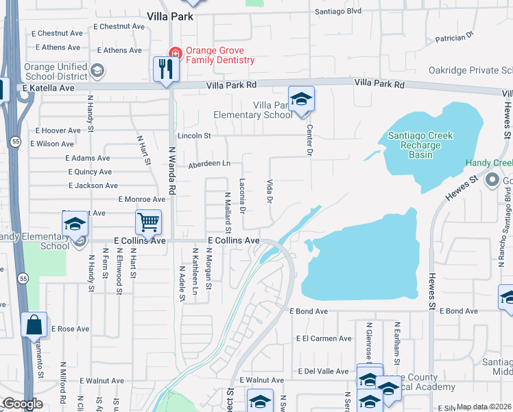 map of restaurants, bars, coffee shops, grocery stores, and more near 18121 Catherine Circle in Villa Park