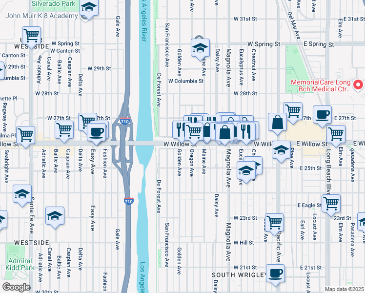 map of restaurants, bars, coffee shops, grocery stores, and more near 2571 Oregon Avenue in Long Beach