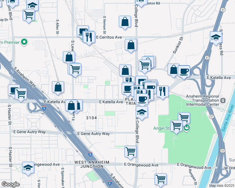 map of restaurants, bars, coffee shops, grocery stores, and more near 1781 South Campton Avenue in Anaheim