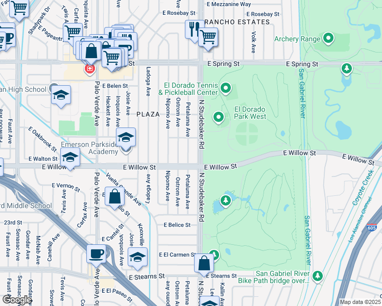 map of restaurants, bars, coffee shops, grocery stores, and more near 2624 Petaluma Avenue in Long Beach
