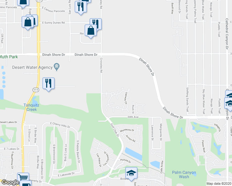 map of restaurants, bars, coffee shops, grocery stores, and more near 5966 Fairway Circle in Palm Springs