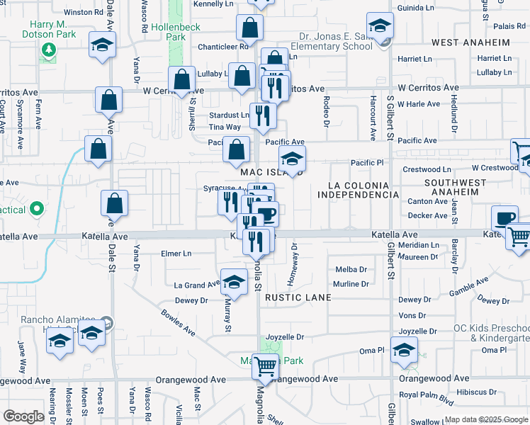 map of restaurants, bars, coffee shops, grocery stores, and more near 10900 Magnolia Avenue in Anaheim