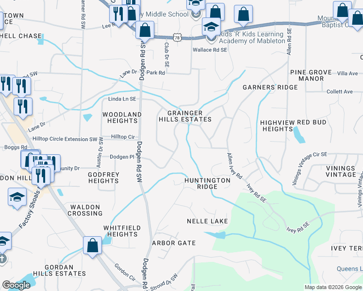 map of restaurants, bars, coffee shops, grocery stores, and more near 6093 Venetian Way Southwest in Mableton