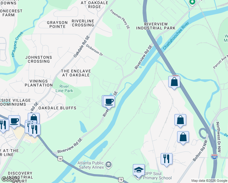 map of restaurants, bars, coffee shops, grocery stores, and more near 6140 Riverview Road Southeast in Mableton
