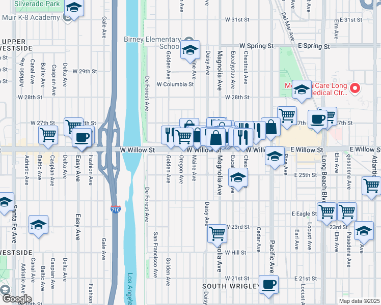 map of restaurants, bars, coffee shops, grocery stores, and more near 714 West Willow Street in Long Beach