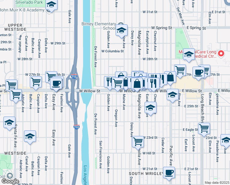 map of restaurants, bars, coffee shops, grocery stores, and more near 2571 Oregon Avenue in Long Beach
