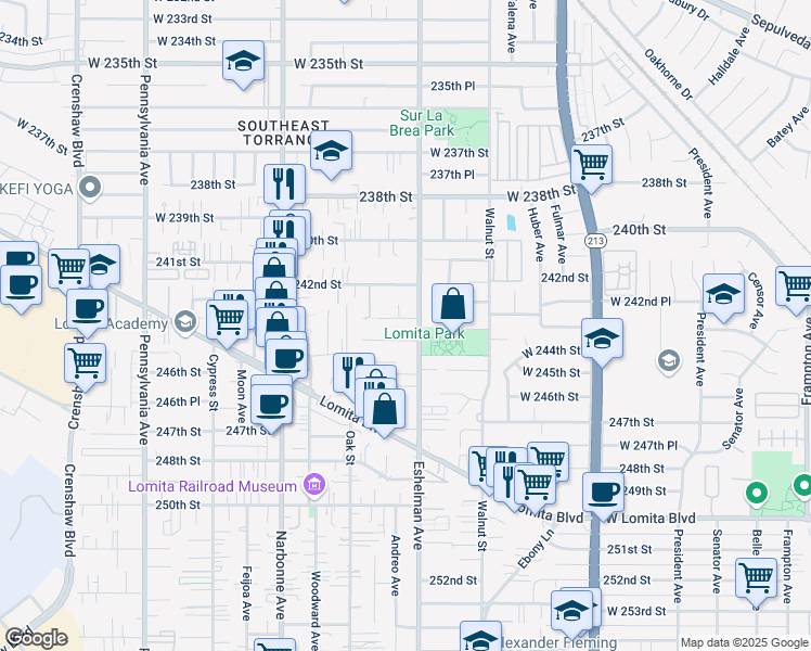 map of restaurants, bars, coffee shops, grocery stores, and more near 2025 Lomita Park Place in Lomita