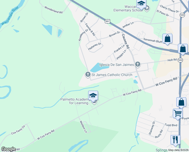 map of restaurants, bars, coffee shops, grocery stores, and more near 1047 Martin Lane in Conway