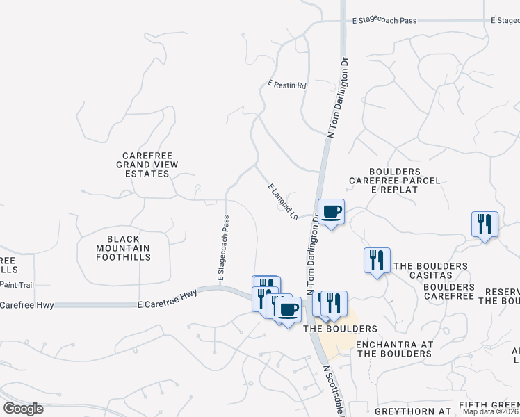 map of restaurants, bars, coffee shops, grocery stores, and more near 35025 Whileaway Road in Cave Creek