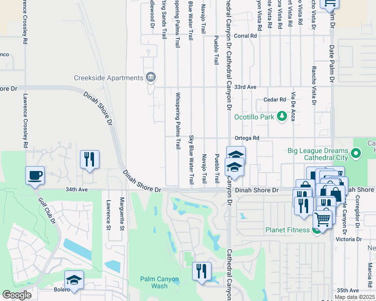 map of restaurants, bars, coffee shops, grocery stores, and more near 33609 Sky Blue Water Trail in Cathedral City