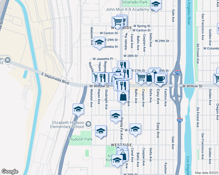 map of restaurants, bars, coffee shops, grocery stores, and more near 1826 West Willow Street in Long Beach