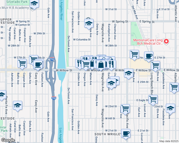 map of restaurants, bars, coffee shops, grocery stores, and more near 714 West Willow Street in Long Beach