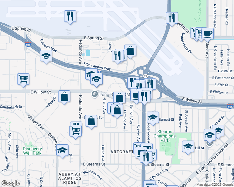 map of restaurants, bars, coffee shops, grocery stores, and more near 4105 East Willow Street in Long Beach