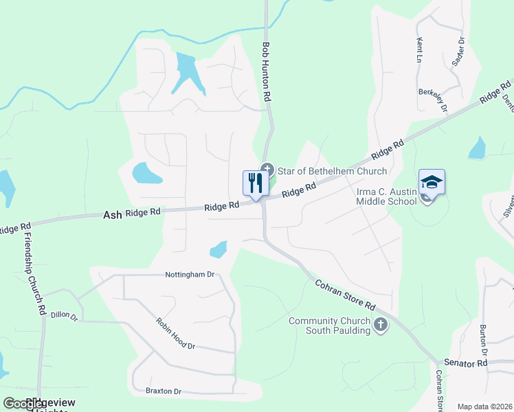 map of restaurants, bars, coffee shops, grocery stores, and more near 2874 Ridge Road in Douglasville