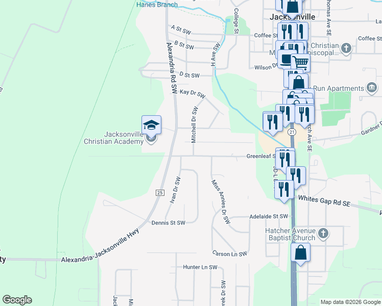 map of restaurants, bars, coffee shops, grocery stores, and more near 355 Greenleaf Street Southwest in Jacksonville