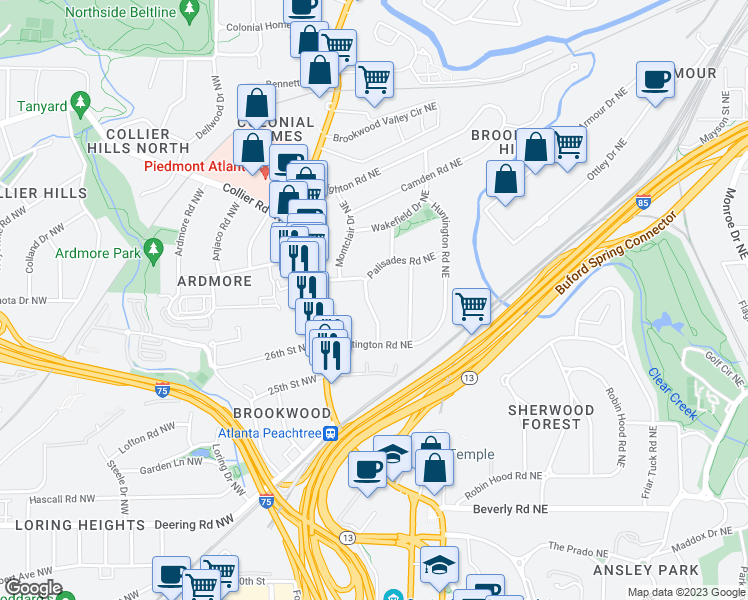 map of restaurants, bars, coffee shops, grocery stores, and more near 43 Northwood Avenue Northeast in Atlanta