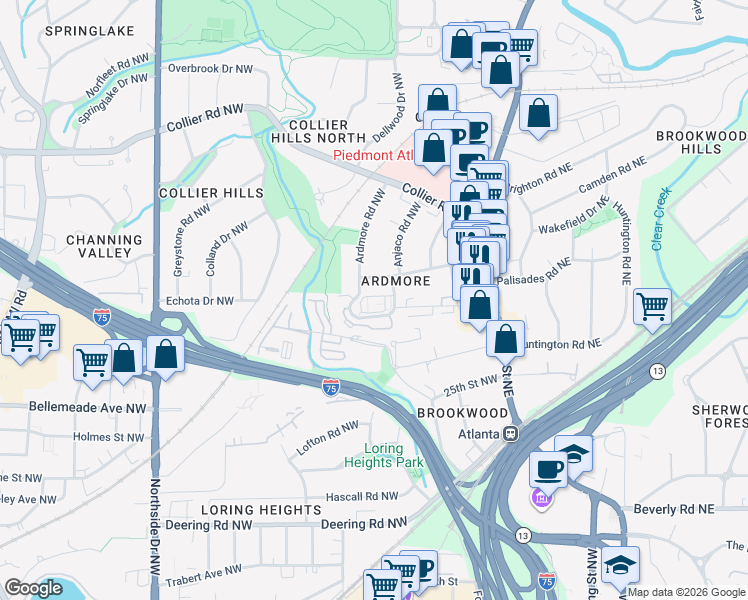 map of restaurants, bars, coffee shops, grocery stores, and more near 322 Ardmore Court Northwest in Atlanta