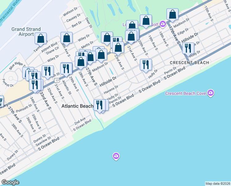map of restaurants, bars, coffee shops, grocery stores, and more near 2502 Holly Drive in North Myrtle Beach
