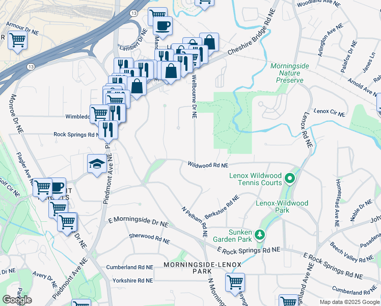 map of restaurants, bars, coffee shops, grocery stores, and more near 1801 Wellbourne Drive Northeast in Atlanta
