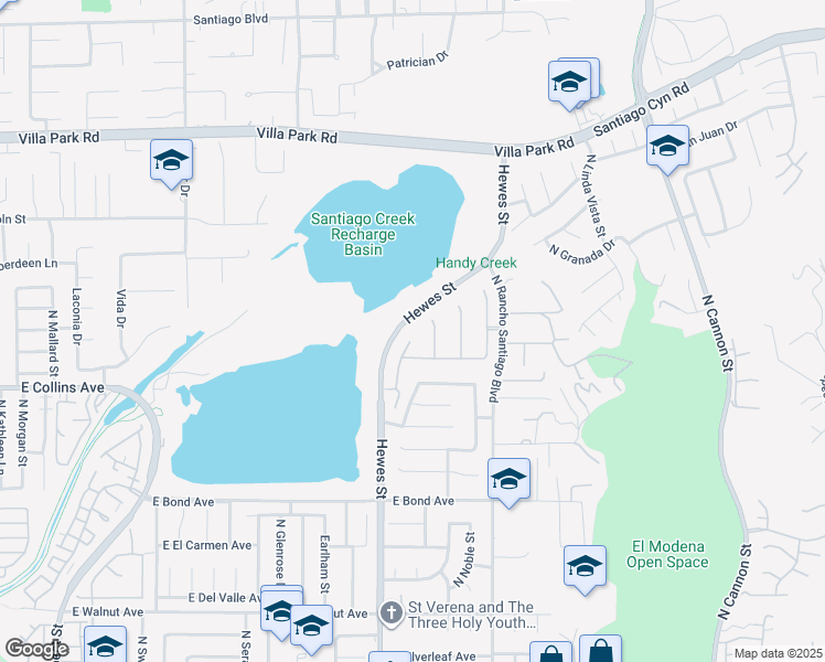 map of restaurants, bars, coffee shops, grocery stores, and more near 994 North Big Sky Lane in Orange