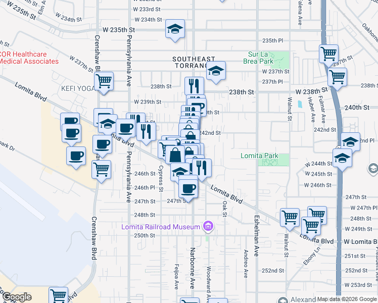 map of restaurants, bars, coffee shops, grocery stores, and more near 24329 Narbonne Avenue in Lomita