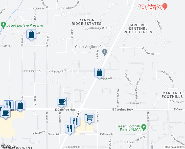 map of restaurants, bars, coffee shops, grocery stores, and more near 5525 East El Sendero Drive in Cave Creek