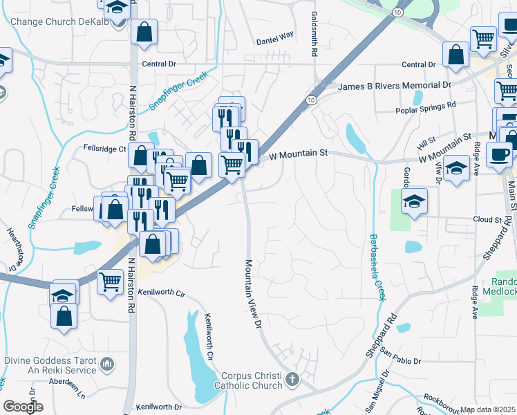 map of restaurants, bars, coffee shops, grocery stores, and more near 4967 Mountain Springs Way in Stone Mountain