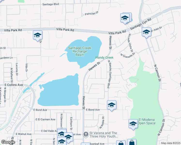 map of restaurants, bars, coffee shops, grocery stores, and more near 994 North Big Sky Lane in Orange