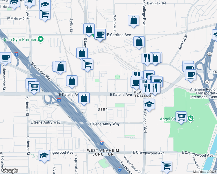 map of restaurants, bars, coffee shops, grocery stores, and more near  in Anaheim