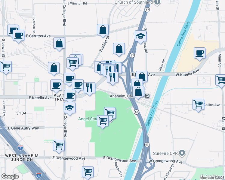 map of restaurants, bars, coffee shops, grocery stores, and more near 2400 East Katella Avenue in Anaheim