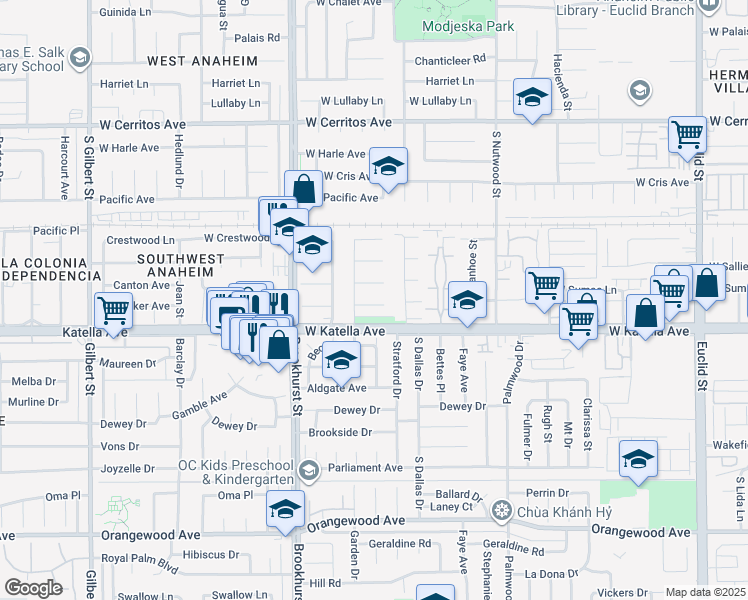 map of restaurants, bars, coffee shops, grocery stores, and more near 2119 West Midwood Lane in Anaheim