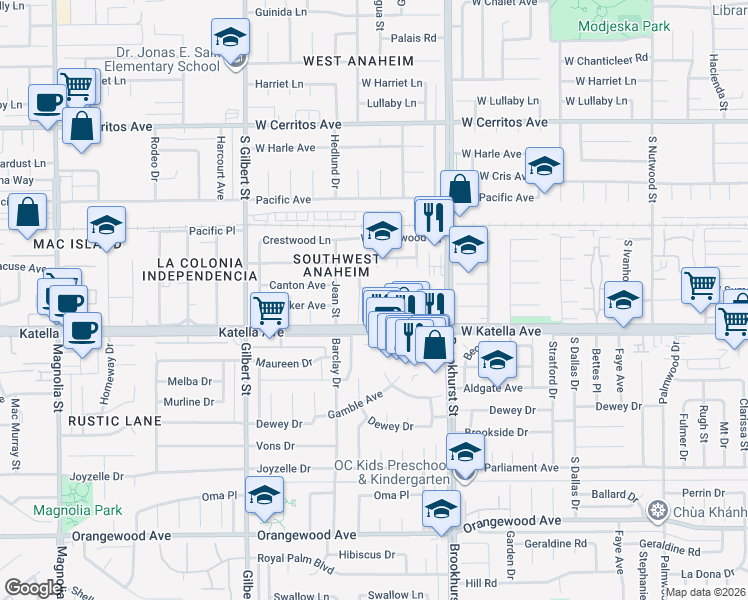 map of restaurants, bars, coffee shops, grocery stores, and more near 1754 South Rainier Court in Anaheim