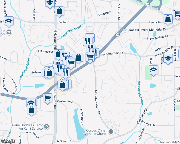map of restaurants, bars, coffee shops, grocery stores, and more near 4968 Villager Lane in Stone Mountain