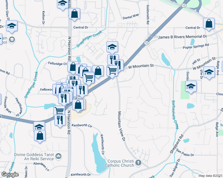 map of restaurants, bars, coffee shops, grocery stores, and more near 4966 Villager Lane in Stone Mountain