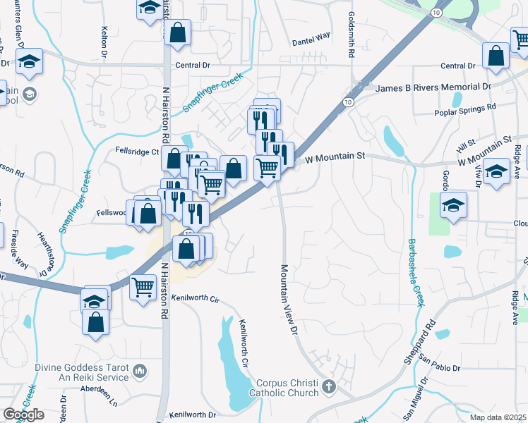 map of restaurants, bars, coffee shops, grocery stores, and more near 4962 Villager Lane in Stone Mountain
