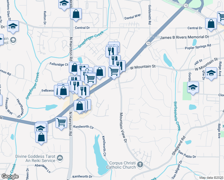 map of restaurants, bars, coffee shops, grocery stores, and more near 4958 Villager Lane in Stone Mountain