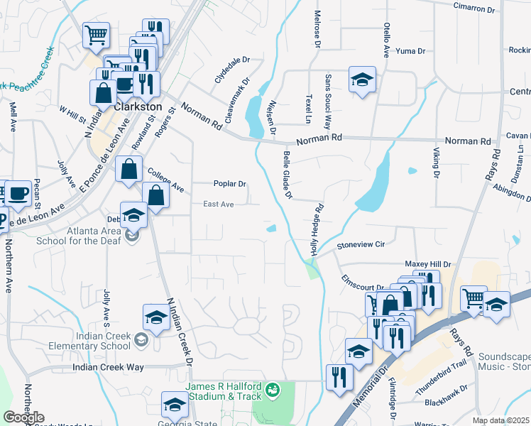 map of restaurants, bars, coffee shops, grocery stores, and more near 3835 East Avenue in Clarkston