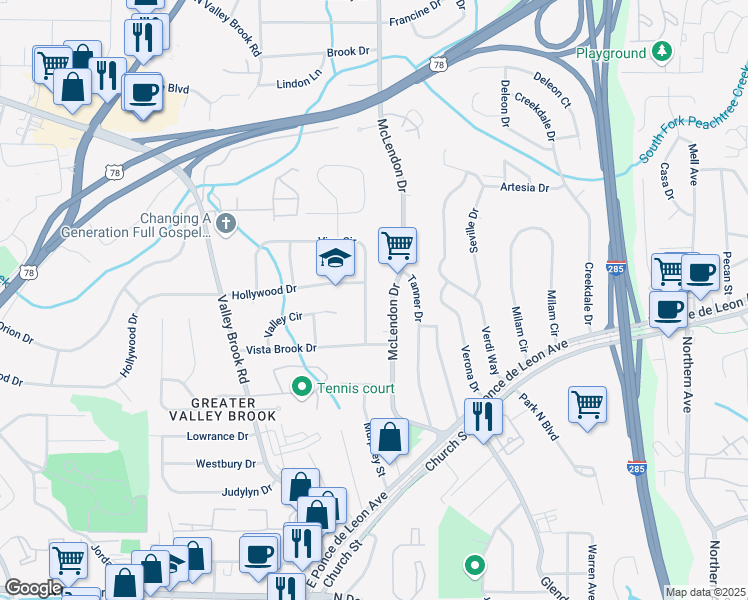 map of restaurants, bars, coffee shops, grocery stores, and more near 3174 Vine Circle in Decatur