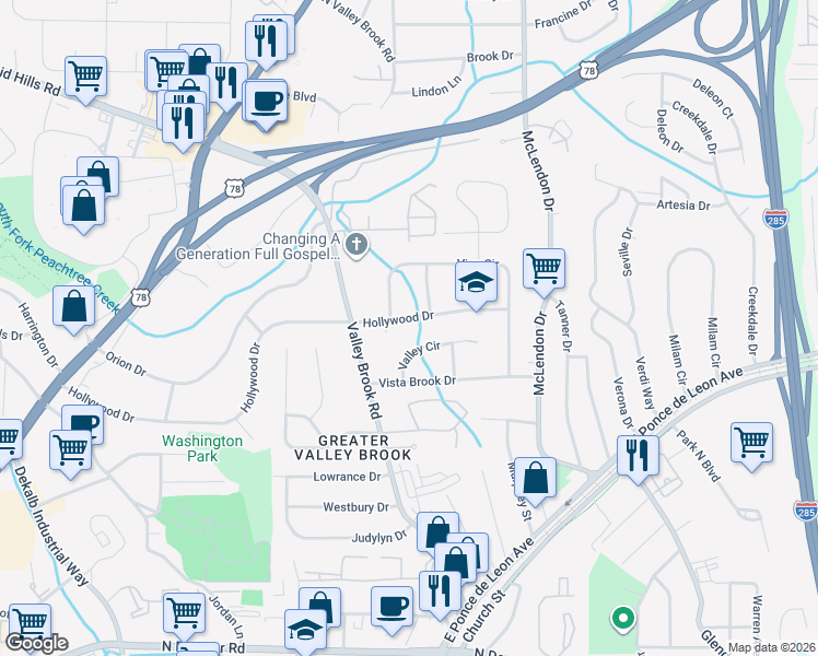 map of restaurants, bars, coffee shops, grocery stores, and more near 3095 Hollywood Drive in Decatur