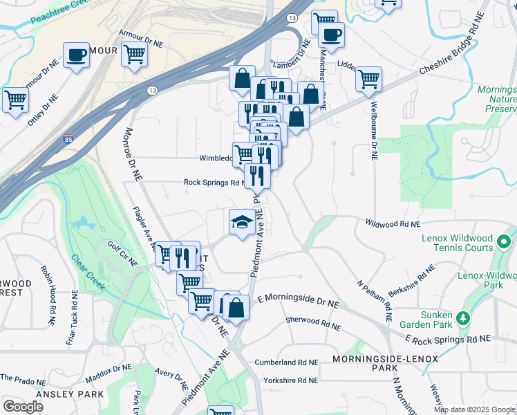 map of restaurants, bars, coffee shops, grocery stores, and more near 1801 Piedmont Avenue Northeast in Atlanta