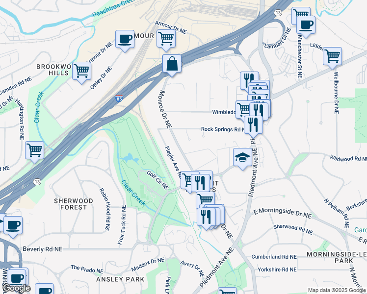 map of restaurants, bars, coffee shops, grocery stores, and more near 1815 Monroe Drive Northeast in Atlanta